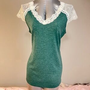 Lace-Trim Green V-Neck Women's Top